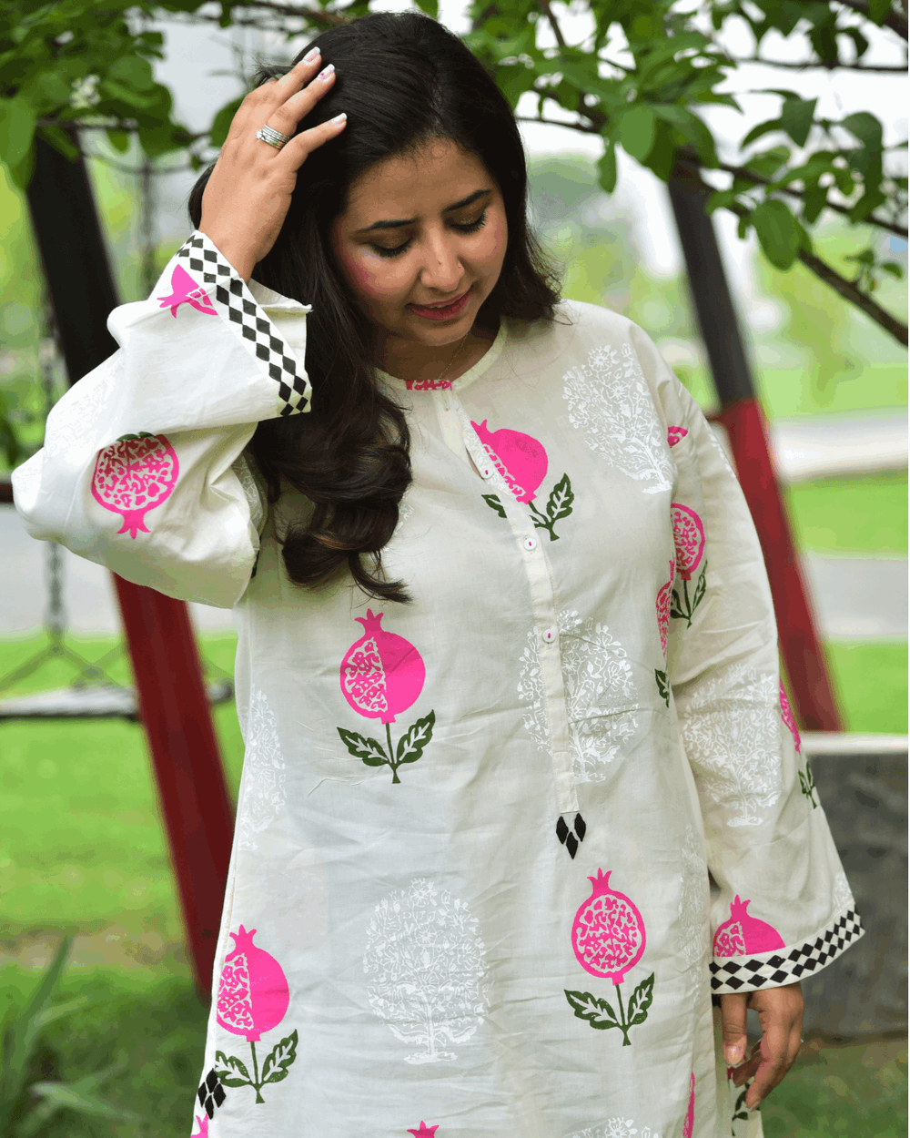 Pure Lawn, Hand Block Printed, Handcrafted, Contemporary, Breathable, Kurta Shirt with Heart Tassels, Everyday Luxury, Pakistani Pret, Hand Embroidery, Pomegranate