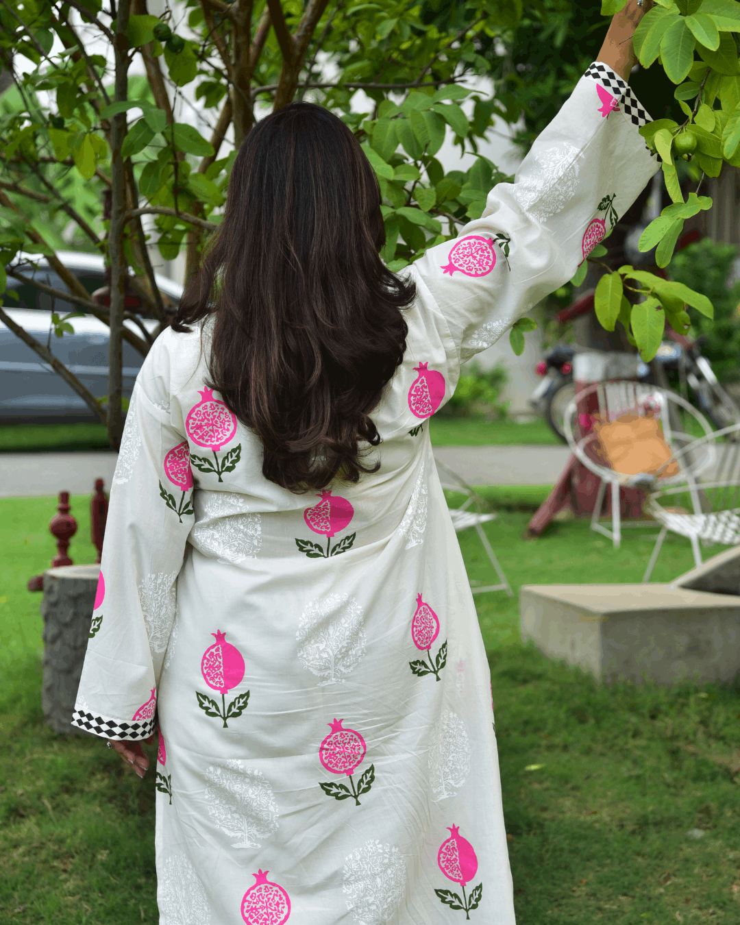 Pure Lawn, Hand Block Printed, Handcrafted, Contemporary, Breathable, Kurta Shirt with Heart Tassels, Everyday Luxury, Pakistani Pret, Hand Embroidery, Pomegranate