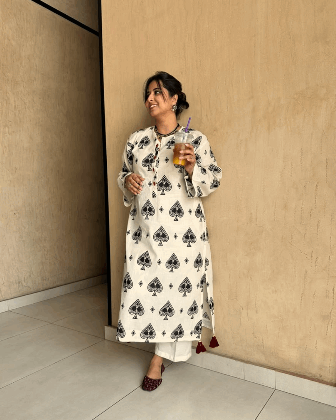 Pure Lawn, Hand Block Printed, Handcrafted, Contemporary, Breathable, Kurta Shirt with Heart Tassels, Everyday Luxury, Pakistani Pret, Hand Embroidery, Spades Motif
